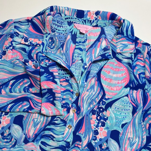Lilly Pulitzer Other - Lilly Pulitzer Everglades Woman's M Tunic Top Twilight Blue Scale Up Long Sleeve
